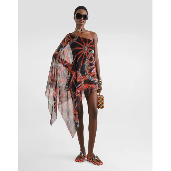 Dolce & Gabbana One-shoulder carretto-print chiffon dress, view 2