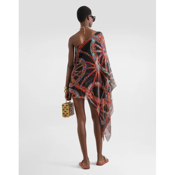 Dolce & Gabbana One-shoulder carretto-print chiffon dress, view 3