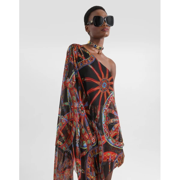 Dolce & Gabbana One-shoulder carretto-print chiffon dress, view 4