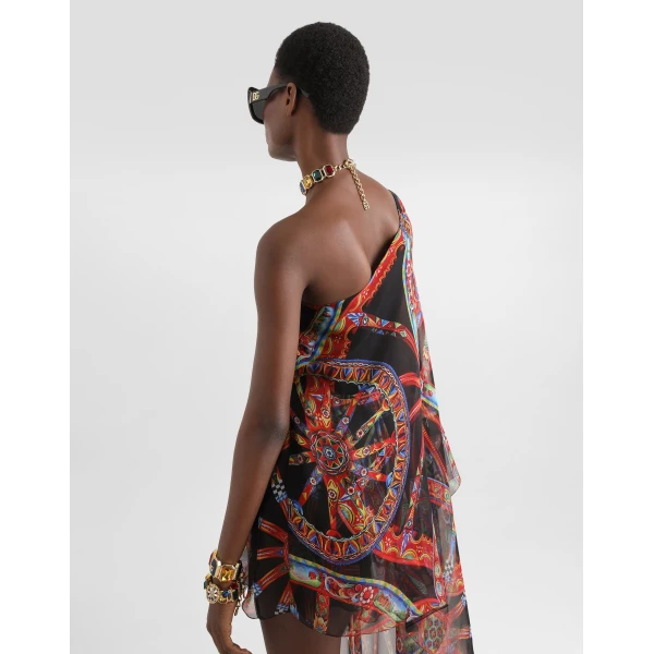 Dolce & Gabbana One-shoulder carretto-print chiffon dress, view 5