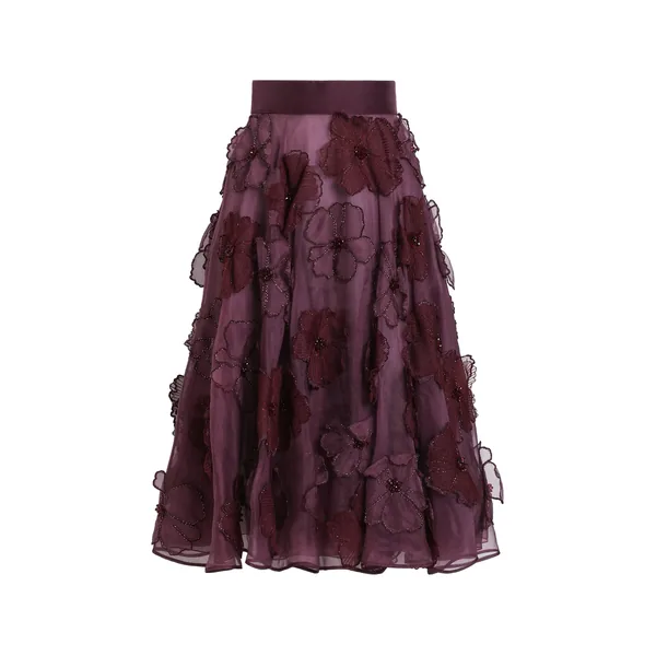 Organza midi circle skirt with floral embroidery