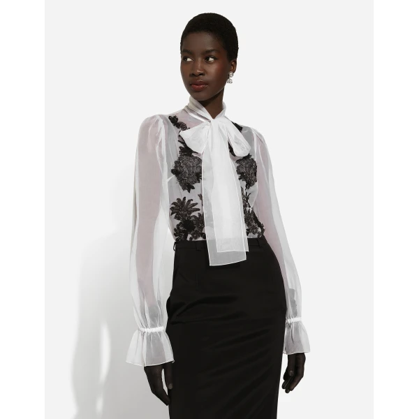Dolce & Gabbana Organza pussy-bow shirt with lace appliqués, view 4