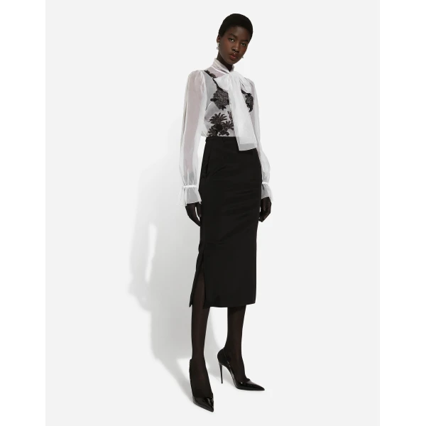 Dolce & Gabbana Organza pussy-bow shirt with lace appliqués, view 5