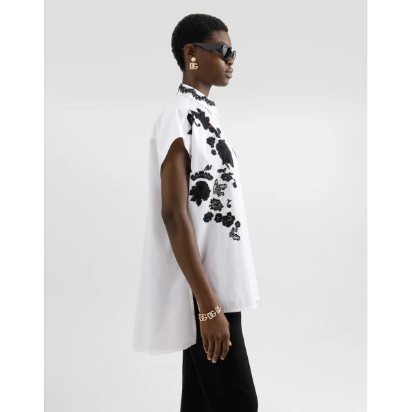 Dolce & Gabbana Oversize cotton poplin shirt with lace appliqués, view 4