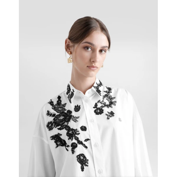Dolce & Gabbana Oversize cotton poplin shirt with lace appliqués, view 4