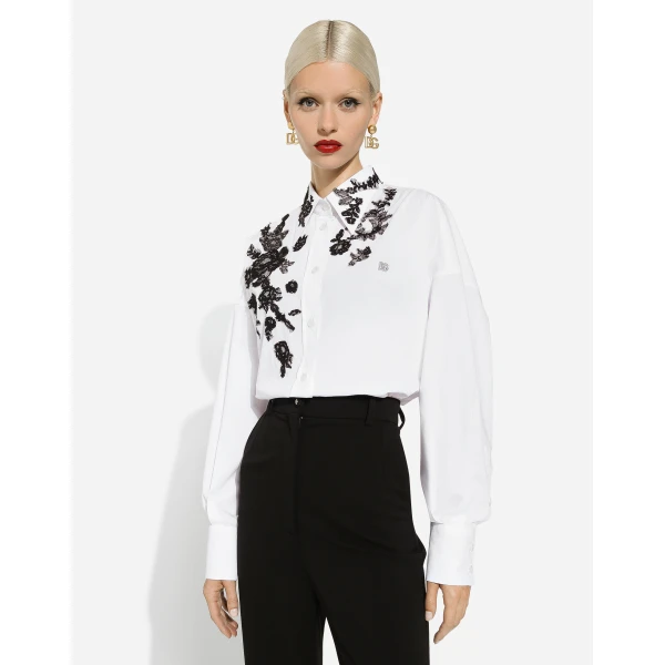 Dolce & Gabbana Oversize cotton shirt with lace appliqués, view 4