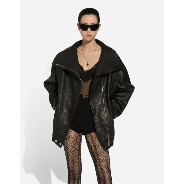 Dolce & Gabbana Oversize vegetable-tanned lambskin biker jacket, view 4