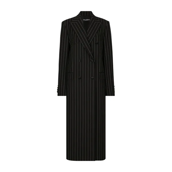 Pinstripe double-breasted coat in woolen fabric