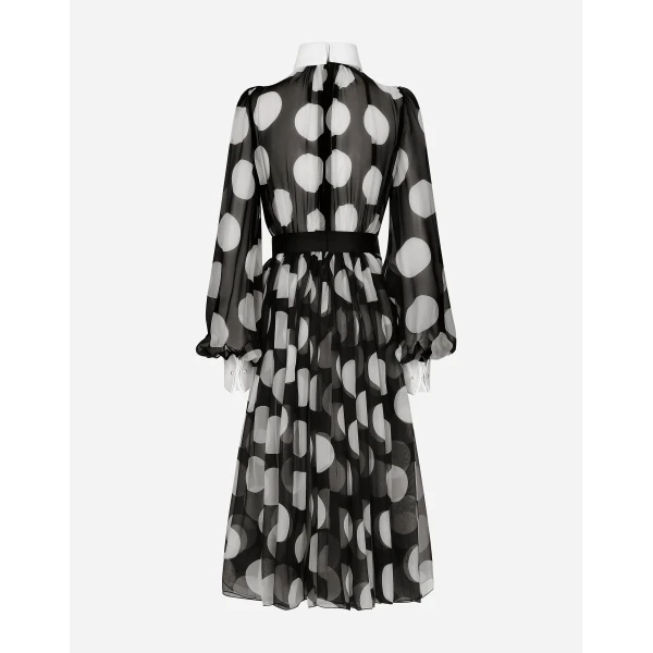 Dolce & Gabbana Polka-dot chiffon calf-length dress with piqué details, view 2
