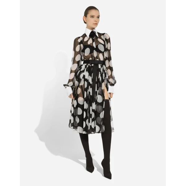 Dolce & Gabbana Polka-dot chiffon calf-length dress with piqué details, view 3
