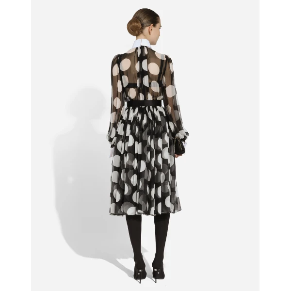 Dolce & Gabbana Polka-dot chiffon calf-length dress with piqué details, view 4