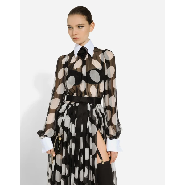 Dolce & Gabbana Polka-dot chiffon calf-length dress with piqué details, view 6