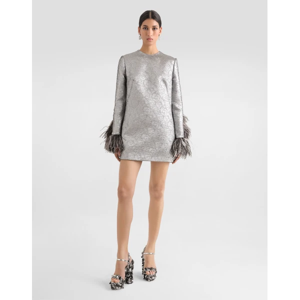 Dolce & Gabbana Quilted lamé jacquard sack minidress with feathered cuffs Dress, view 2