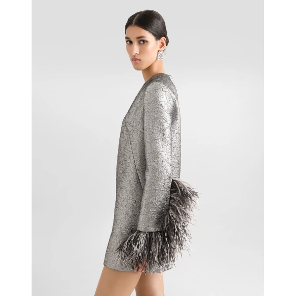 Dolce & Gabbana Quilted lamé jacquard sack minidress with feathered cuffs Dress, view 4