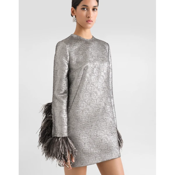 Dolce & Gabbana Quilted lamé jacquard sack minidress with feathered cuffs Dress, view 5
