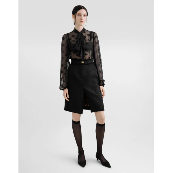 Dolce & Gabbana Raschel tweed midi skirt with central slit and DG logo, view 2