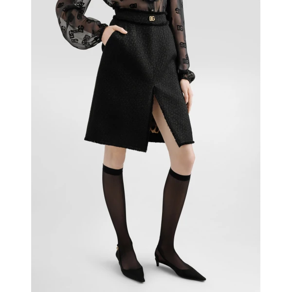 Dolce & Gabbana Raschel tweed midi skirt with central slit and DG logo, view 4
