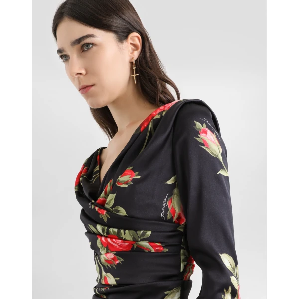 Dolce & Gabbana Rose bouquet-print draped satin dress, view 4