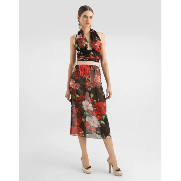 Dolce & Gabbana Rose-print chiffon calf-length skirt, view 2