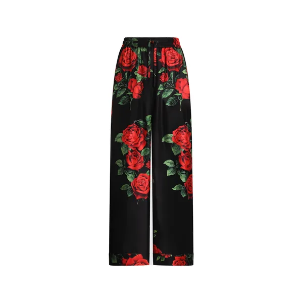 Rose-print vanity silk trousers