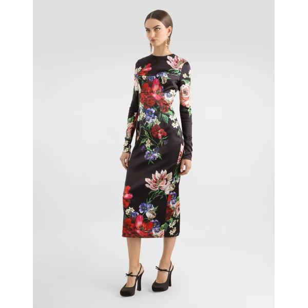 Dolce & Gabbana Satin calf-length round-neck dress with floral print, view 2