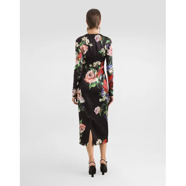 Dolce & Gabbana Satin calf-length round-neck dress with floral print, view 3