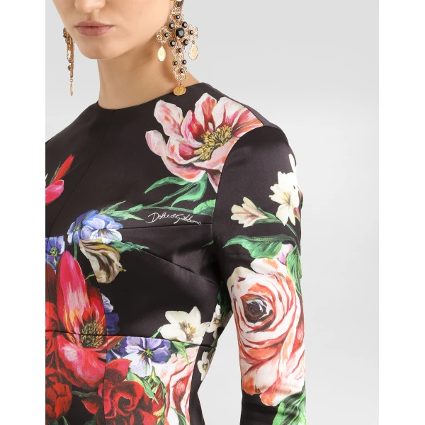 Dolce & Gabbana Satin calf-length round-neck dress with floral print, view 4