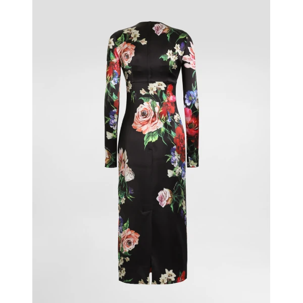 Dolce & Gabbana Satin calf-length round-neck dress with floral print, view 5