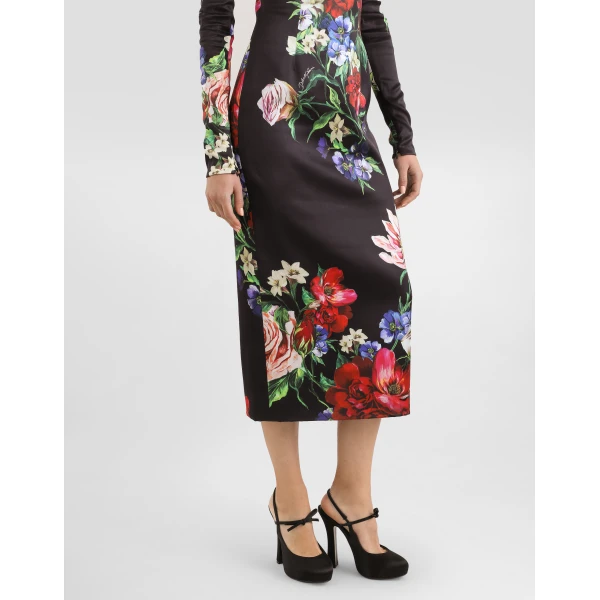 Dolce & Gabbana Satin calf-length round-neck dress with floral print, view 6