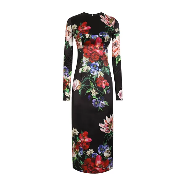 Dolce & Gabbana Satin calf-length round-neck dress with floral print