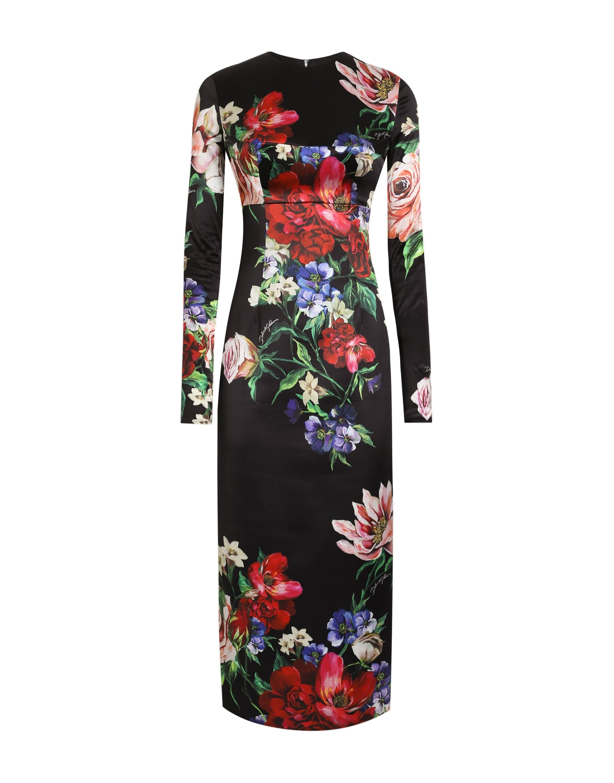 Dolce & Gabbana Satin calf-length round-neck dress with floral print