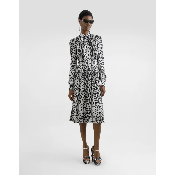 Dolce & Gabbana Satin calf-length shirt dress with pussy-bow and leopard print, view 2