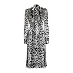 Dolce & Gabbana Satin calf-length shirt dress with pussy-bow and leopard print