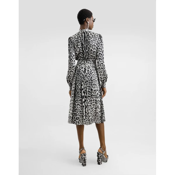 Dolce & Gabbana Satin calf-length shirt dress with pussy-bow and leopard print, view 3