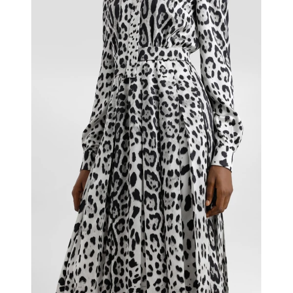 Dolce & Gabbana Satin calf-length shirt dress with pussy-bow and leopard print, view 4