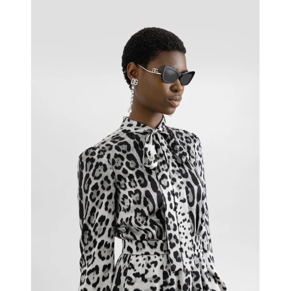 Dolce & Gabbana Satin calf-length shirt dress with pussy-bow and leopard print, view 5