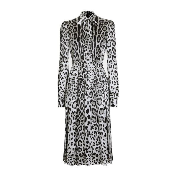 Dolce & Gabbana Satin calf-length shirt dress with pussy-bow and leopard print