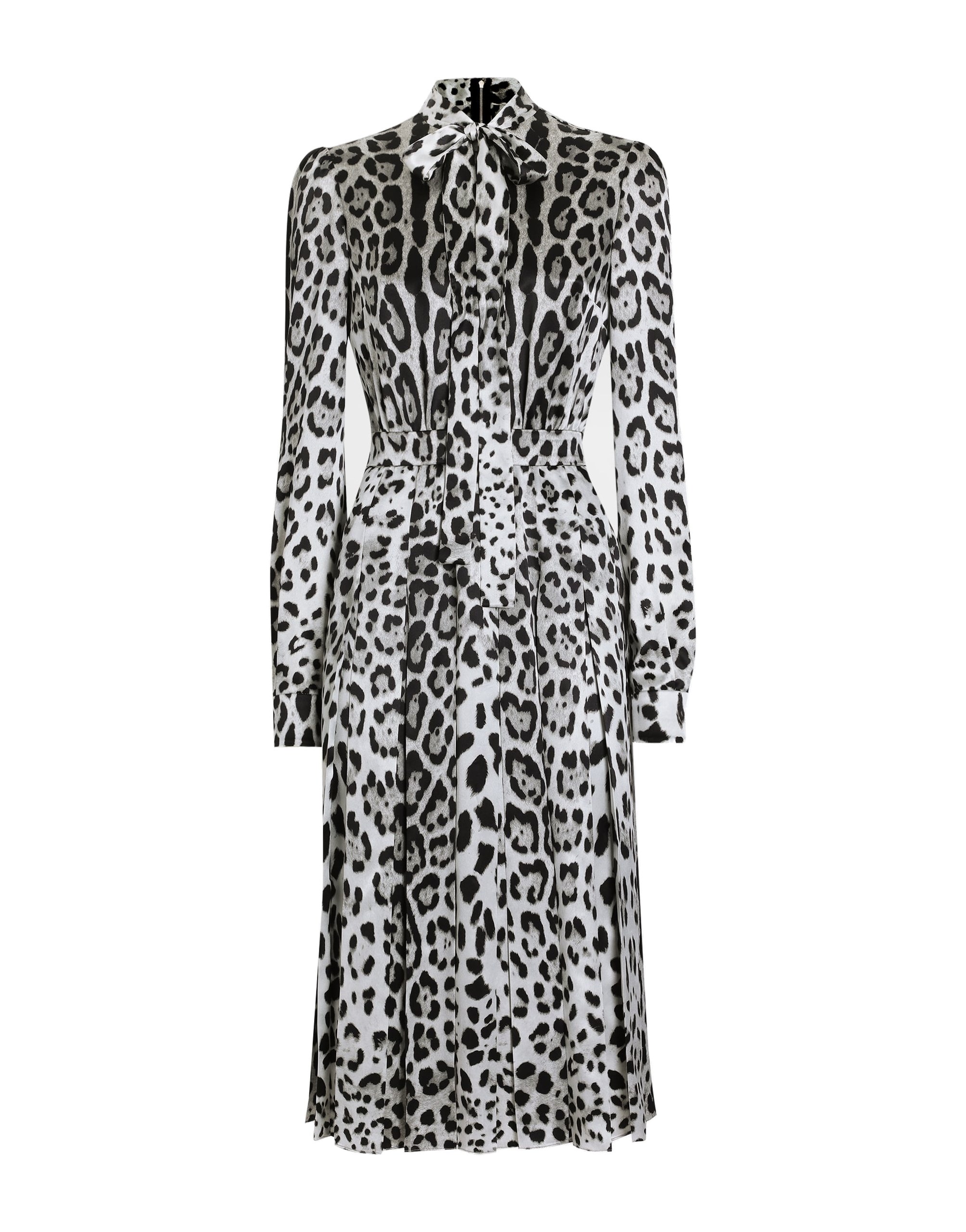 Dolce & Gabbana Satin calf-length shirt dress with pussy-bow and leopard print
