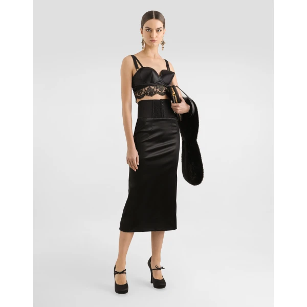 Dolce & Gabbana Satin calf-length skirt with corset-style belt detail, view 2