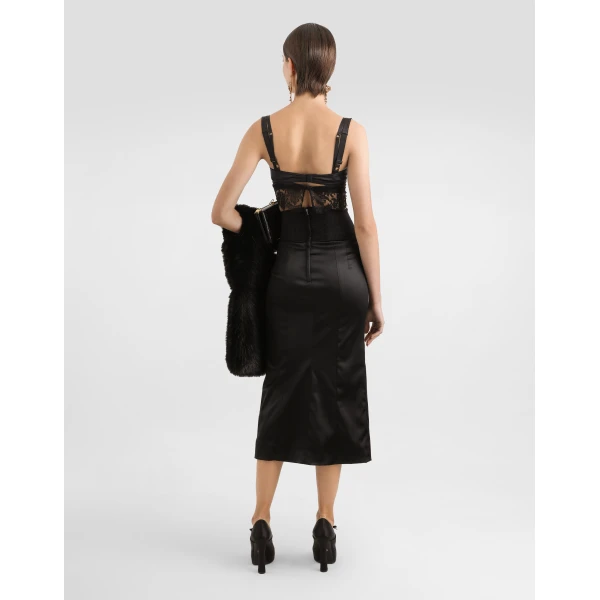 Dolce & Gabbana Satin calf-length skirt with corset-style belt detail, view 3