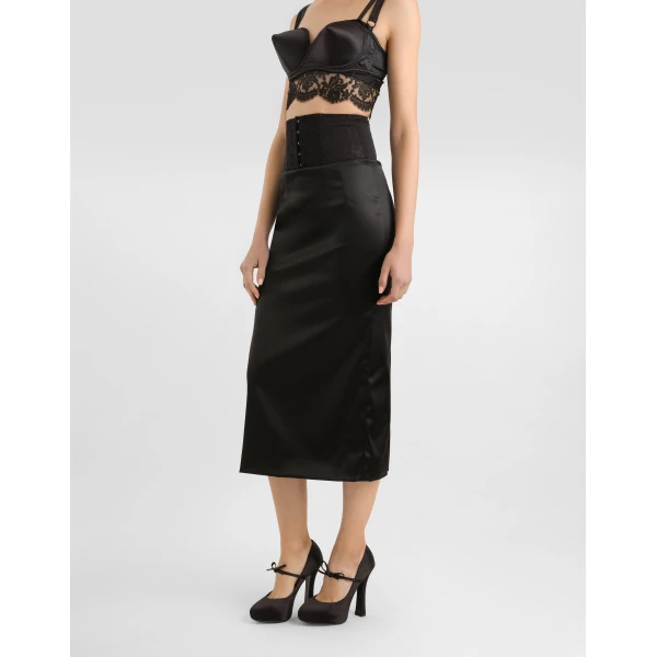 Dolce & Gabbana Satin calf-length skirt with corset-style belt detail, view 4