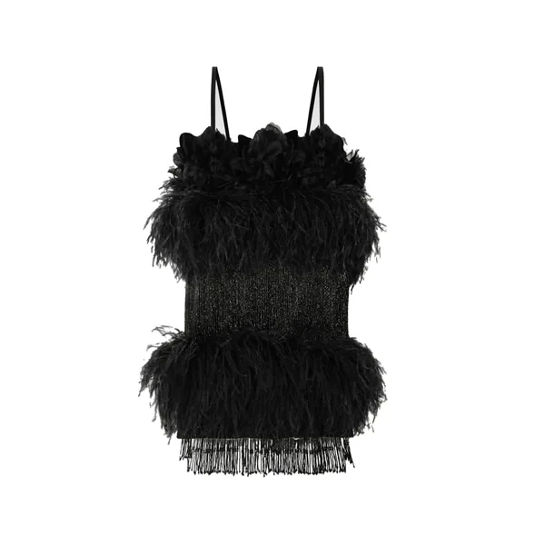 Satin dress with feathers
