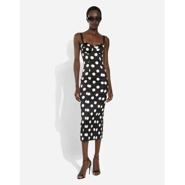 Dolce & Gabbana Satin midi dress with polka-dot print and corset details, view 2