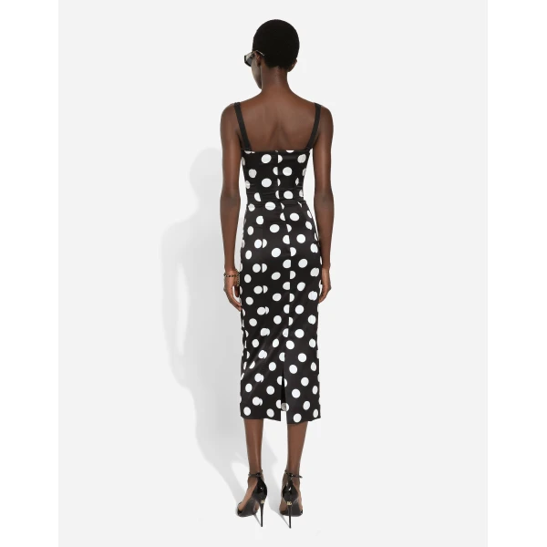 Dolce & Gabbana Satin midi dress with polka-dot print and corset details, view 3