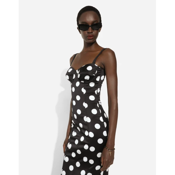 Dolce & Gabbana Satin midi dress with polka-dot print and corset details, view 4