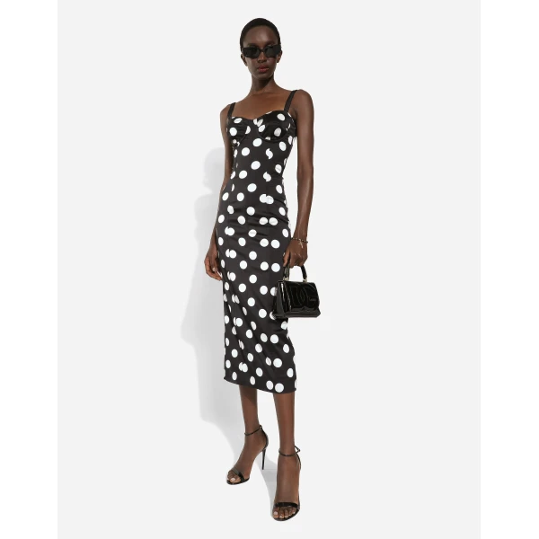 Dolce & Gabbana Satin midi dress with polka-dot print and corset details, view 5