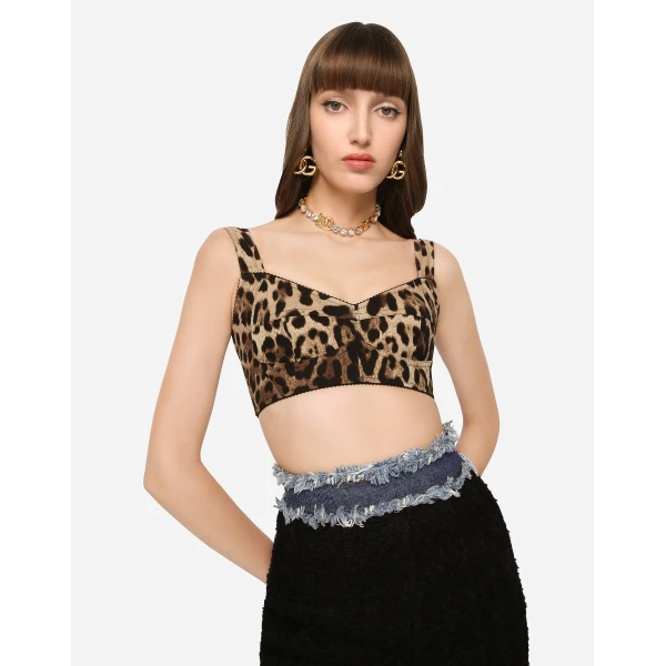 Dolce & Gabbana Short bustier top in charmeuse with leopard print, view 4