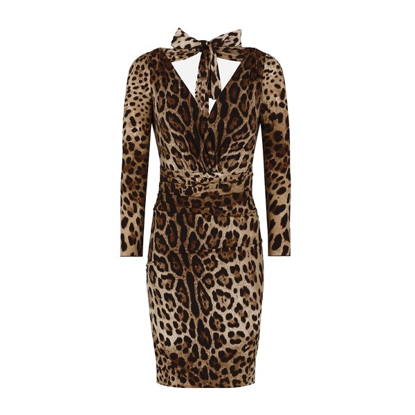 Dolce & Gabbana Short charmeuse dress with leopard print and tie