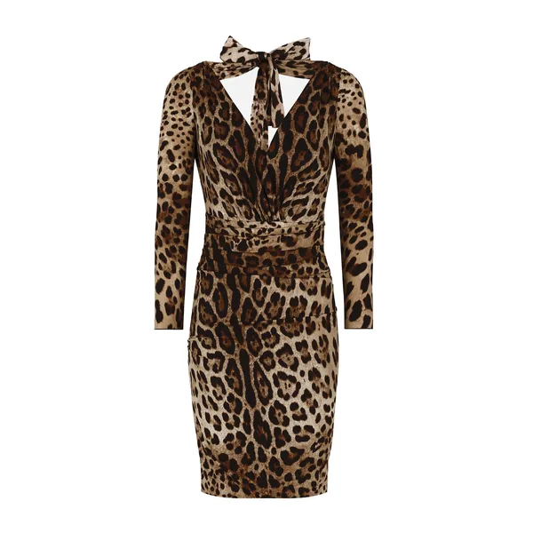 Dolce & Gabbana Short charmeuse dress with leopard print and tie