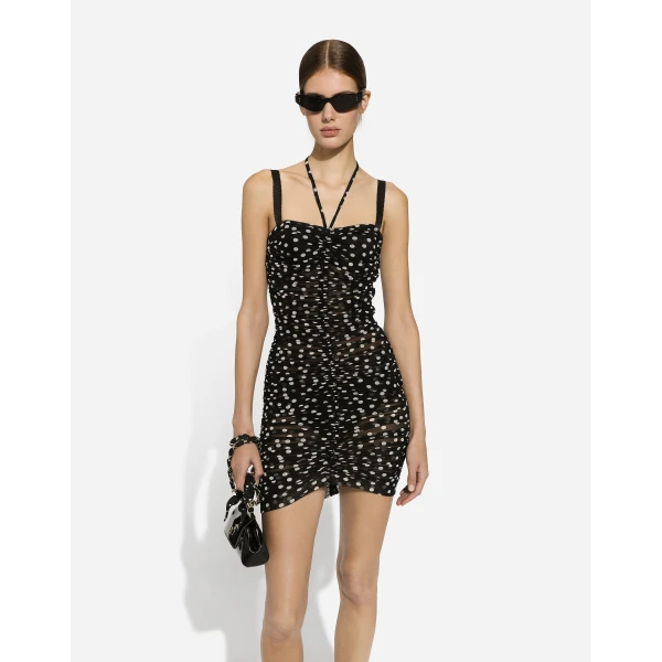 Dolce & Gabbana Short draped tulle dress with polka-dot print, view 6